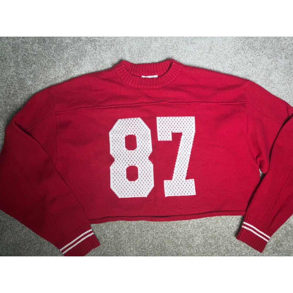 Orange Kiss Essentials Varsity 87 Cropped Knit Sweater Large NFL Swift Kelce